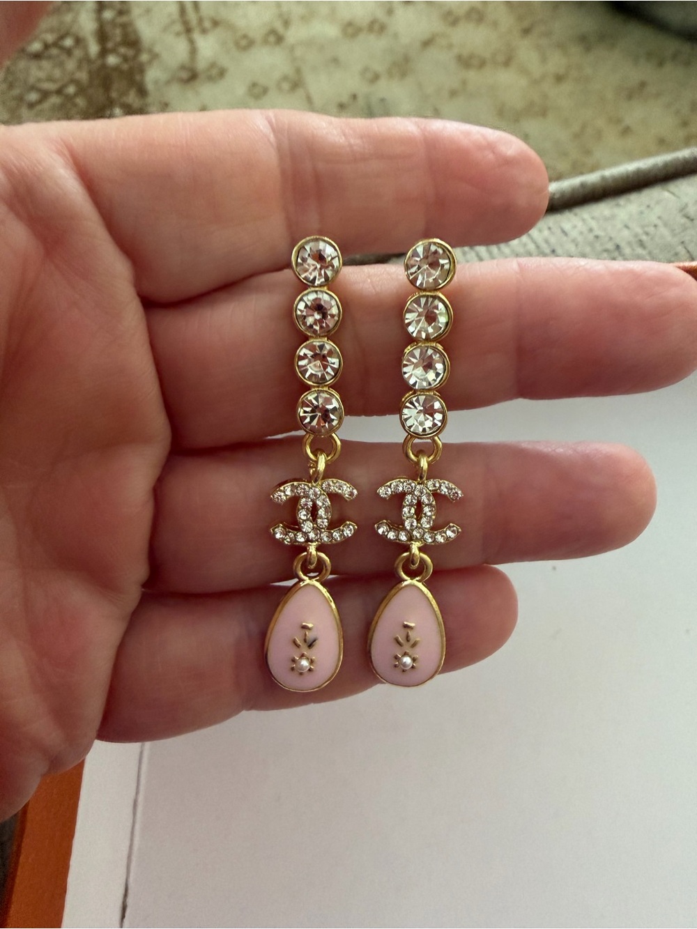 Fashion Jewelry Gold-Tone Drop Rhinestone Earrings with Pink Enamel and Crystal
